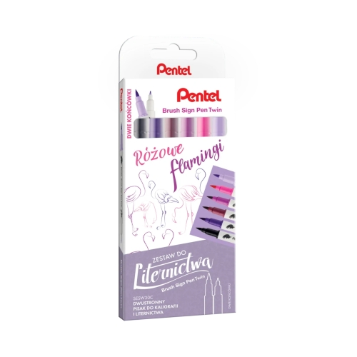 Pisak dwustronny (6) Różowe Flamingi Brush Sign Pentel SESW30C