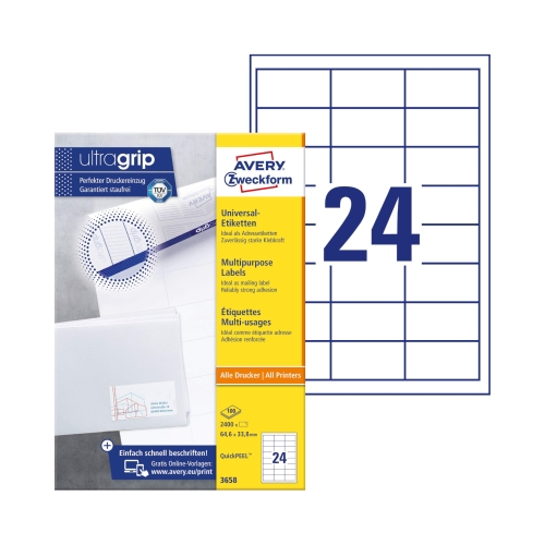 Etykiety uniwersalne Ultra Grip 64.6x33.8/24 białe Avery Zweckform E100 (100)