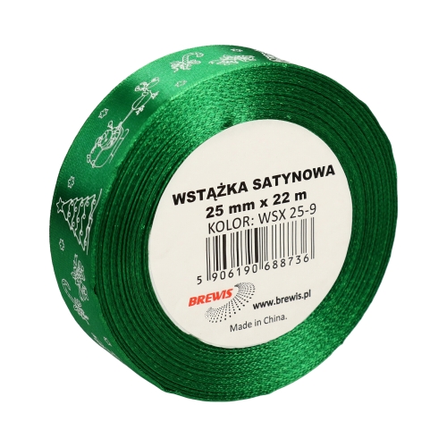 Wstążka satynowa 25mmx22m z motywem świąt/choinki zielona Brewis