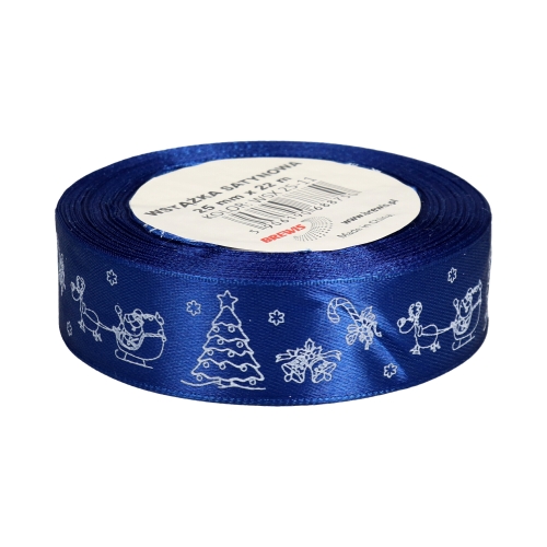 Wstążka satynowa 25mmx22m z motywem świąt/ choinki niebieska Brewis