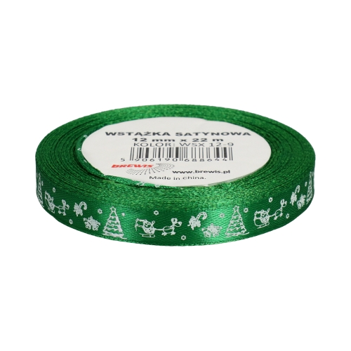Wstążka satynowa 12mmx22m z motywem świąt/choinki zielona Brewis