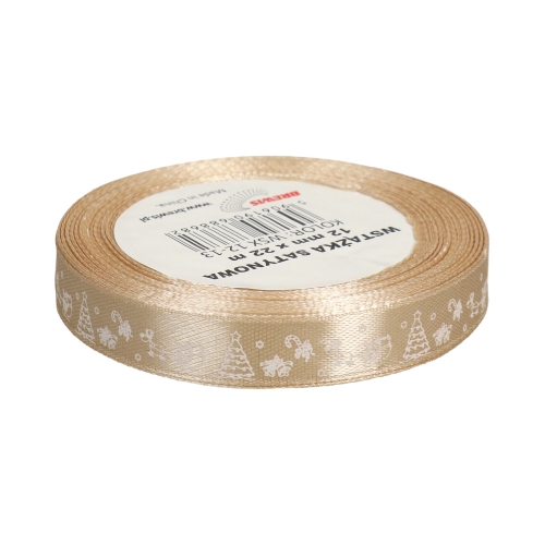 Wstążka satynowa 12mmx22m z motywem świąt/choinki beżowa Brewis