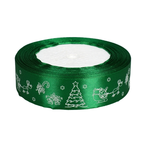 Wstążka satynowa 25mmx22m z motywem świąt/choinki zielona Brewis