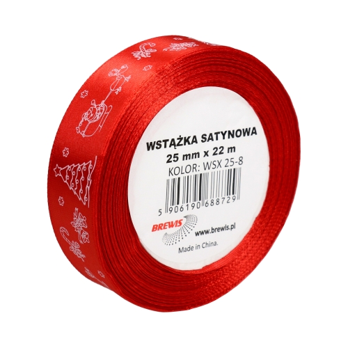 Wstążka satynowa 25mmx22m motyw święta i choinki czerwona Brewis