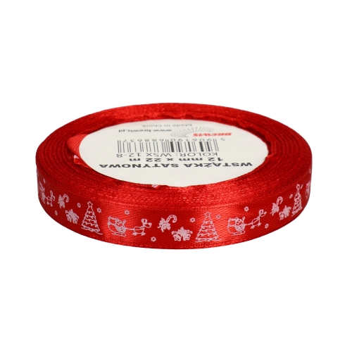 Wstążka satynowa 12mmx22m z motywem świąt/choinki czerwona Brewis