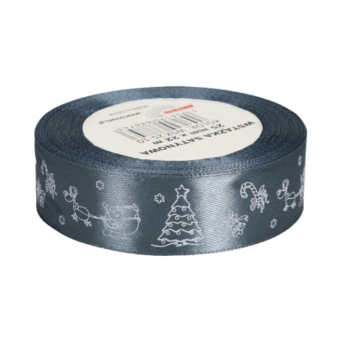 Wstążka satynowa 25mmx22m z motywem świąt/ choinki szara Brewis