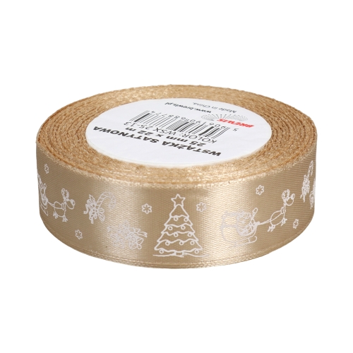 Wstążka satynowa 25mmx22m z motywem świąt/ choinki beżowa Brewis