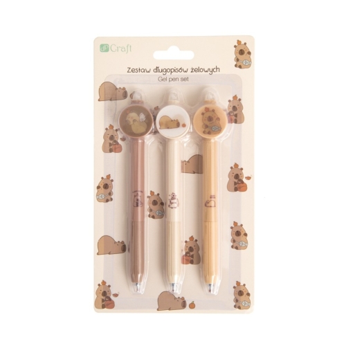 Długopisy żelowe niebieskie wymazywalne z motywem Kapibara - 3 szt.