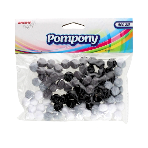 Pompony szare/czarne/białe 10mm - 100szt. w opak.