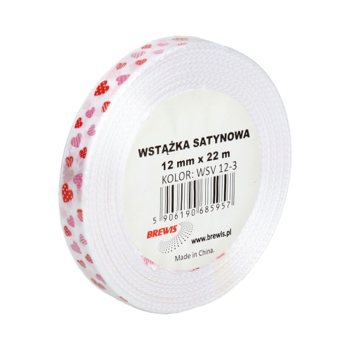 Wstążka satynowa 12mmx22m serca biała Brewis 3